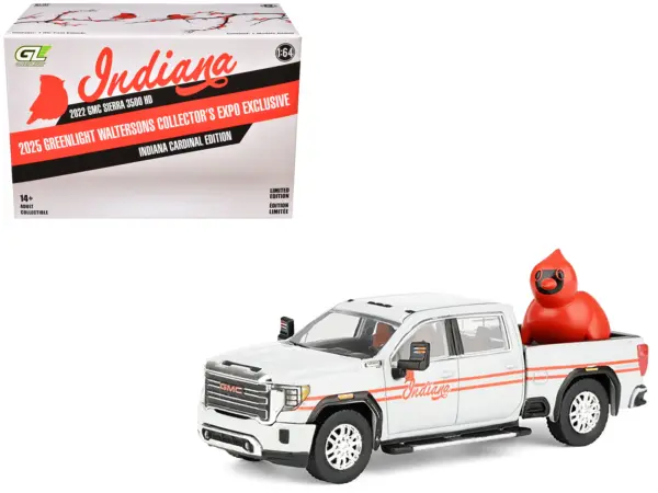 2022 GMC Sierra 3500 HD Pickup Truck "Indiana Cardinals" Silver Metallic with Red Stripes and Cardinal Figure "2025 Greenlight Waltersons Collector's Expo Exclusive" 1/64 Diecast Model Car by Greenlight #1