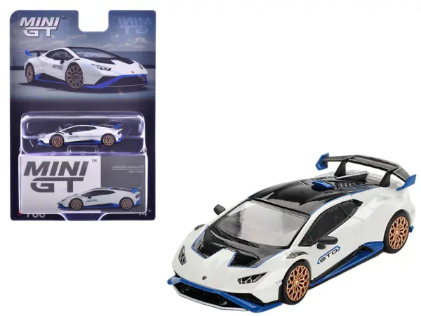 Lamborghini Huracan STO Bianco Asopo White with Black Top and Blue Accents Limited Edition 1/64 Diecast Model Car by Mini GT #1