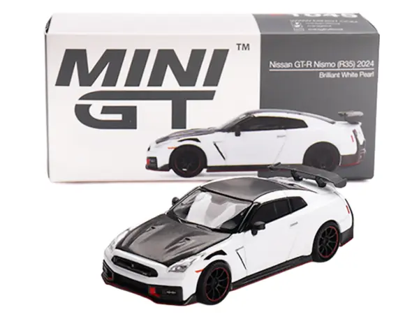 2024 Nissan GT-R Nismo (R35) Brilliant White Pearl with Carbon Hood and Top Limited Edition 1/64 Diecast Model Car by Mini GT #4