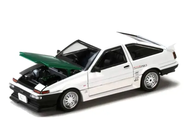 Toyota Sprinter Trueno (AE86) RHD (Right Hand Drive) "Keiichi Tsuchiya - Dori Dori Mesh Wheels" White with Green Carbon Hood 1/64 Diecast Model Car by Hobby Japan #2