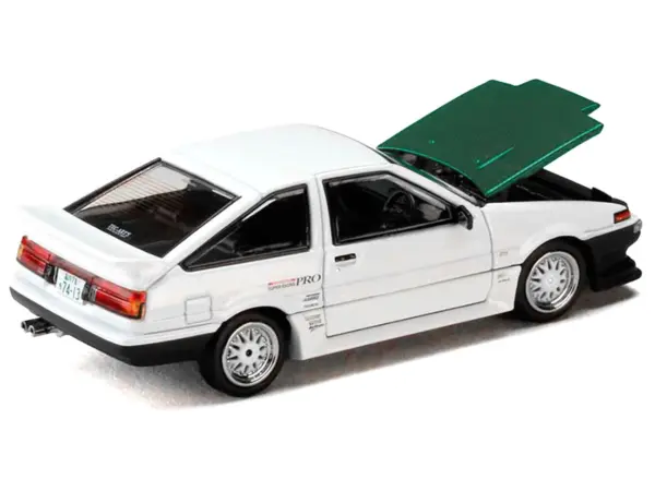 Toyota Sprinter Trueno (AE86) RHD (Right Hand Drive) "Keiichi Tsuchiya - Dori Dori Mesh Wheels" White with Green Carbon Hood 1/64 Diecast Model Car by Hobby Japan #4