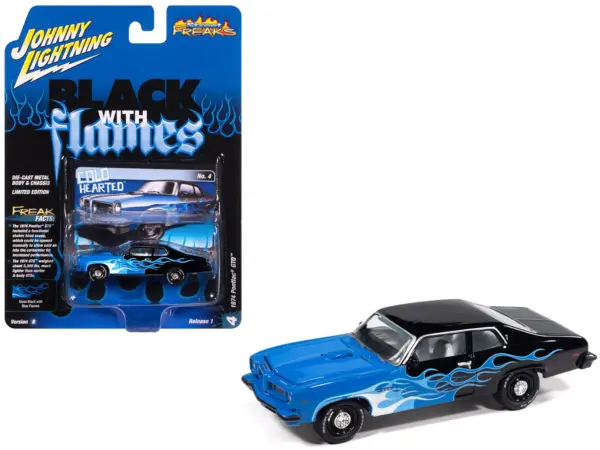 1974 Pontiac GTO Black and Blue with Blue Flame Graphics with White Interior "Black with Flames" Series 1/64 Diecast Model Car by Johnny Lightning #1