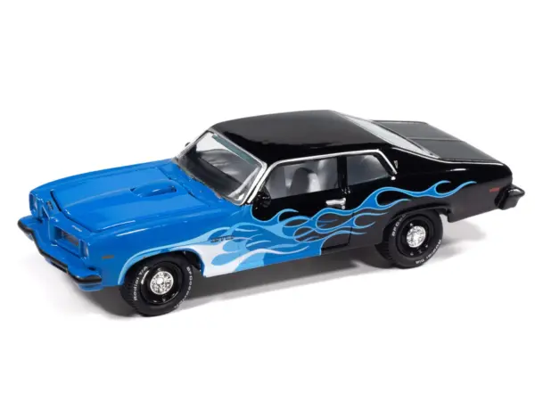 1974 Pontiac GTO Black and Blue with Blue Flame Graphics with White Interior "Black with Flames" Series 1/64 Diecast Model Car by Johnny Lightning #2