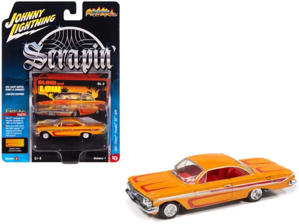 1961 Chevrolet Impala SS 409 Yellow Metallic with Red Stripes and Interior "Scrapin" Series 1/64 Diecast Model Car by Johnny Lightning #1
