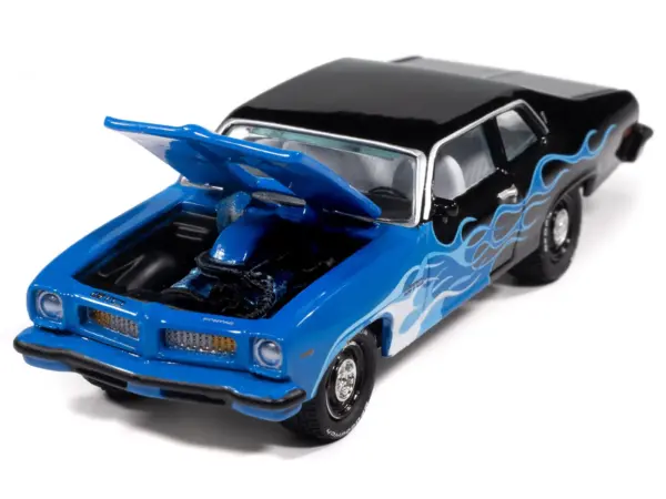 1974 Pontiac GTO Black and Blue with Blue Flame Graphics with White Interior "Black with Flames" Series 1/64 Diecast Model Car by Johnny Lightning #3