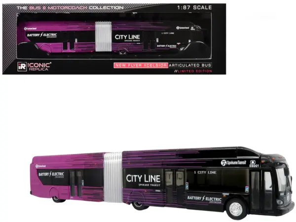 New Flyer Xcelsior XE60 Articulated Transit Bus "Spokane Transit City Line" Black and Purple "The Bus & Motorcoach Collection" Limited Edition 1/87 (HO) Diecast Model by Iconic Replicas #1