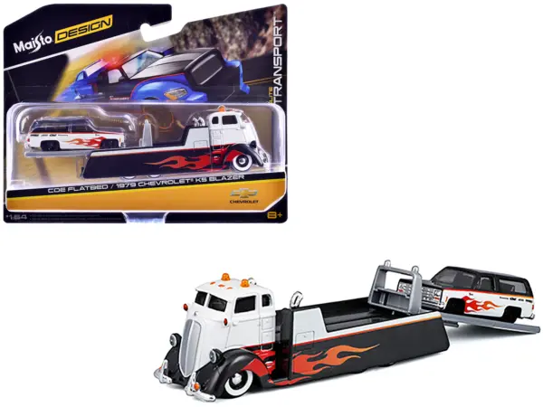 COE Flatbed Truck White and Black with Flame Graphics and 1979 Chevrolet K5 Blazer Black and White with Flame Graphics "Elite Transport" Series 1/64 Diecast Models by Maisto #1