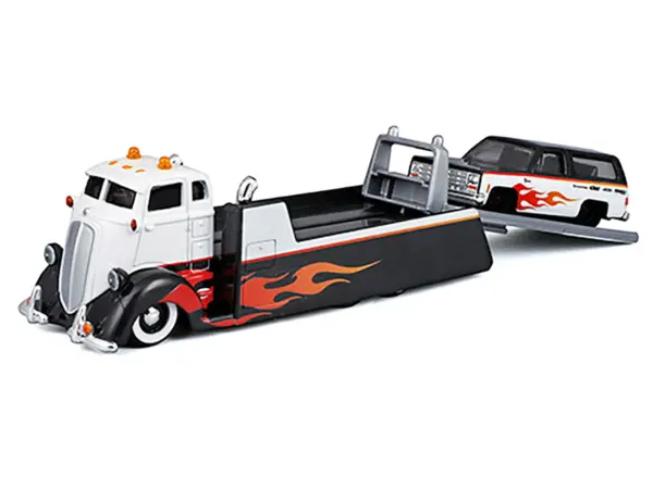 COE Flatbed Truck White and Black with Flame Graphics and 1979 Chevrolet K5 Blazer Black and White with Flame Graphics "Elite Transport" Series 1/64 Diecast Models by Maisto #2