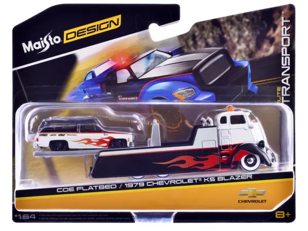 COE Flatbed Truck White and Black with Flame Graphics and 1979 Chevrolet K5 Blazer Black and White with Flame Graphics "Elite Transport" Series 1/64 Diecast Models by Maisto #3