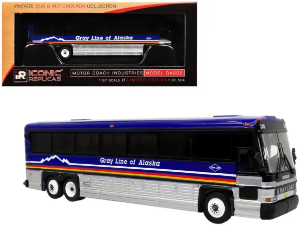 2001 MCI D4000 Coach Bus "Gray Line of Alaska" Dark Blue with Stripes "Vintage Bus & Motorcoach Collection" Limited Edition to 504 pieces Worldwide 1/87 (HO) Diecast Model by Iconic Replicas #1