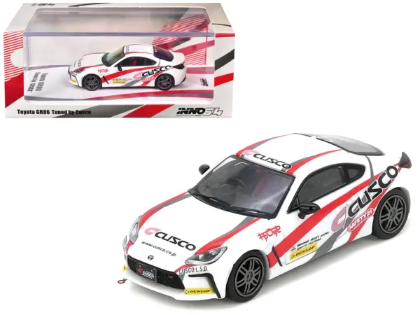 Toyota GR86 Tuned by "CUSCO" RHD (Right Hand Drive) White with Red and Gray Stripes 1/64 Diecast Model Car by Inno Models #1