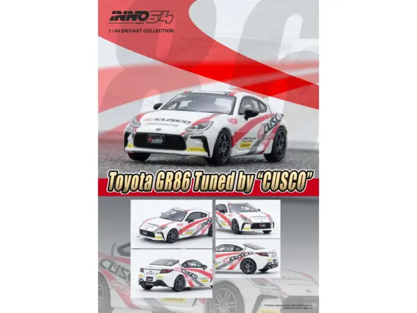 Toyota GR86 Tuned by "CUSCO" RHD (Right Hand Drive) White with Red and Gray Stripes 1/64 Diecast Model Car by Inno Models #3