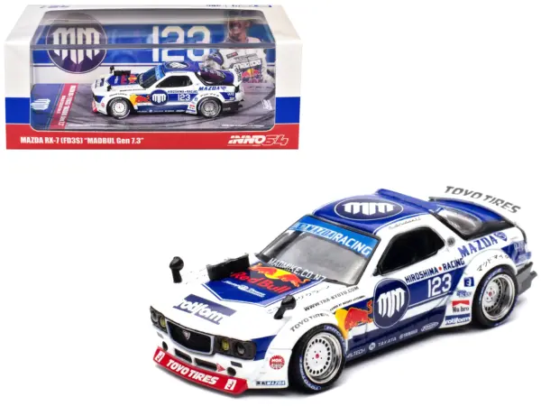 Mazda RX-7 (FD3S) RHD (Right Hand Drive) #123 "Pandem Rocket Bunny MADBUL Gen 7.3" White and Blue with Graphics "MadLab Collection 01" 1/64 Diecast Model Car by Inno Models #1