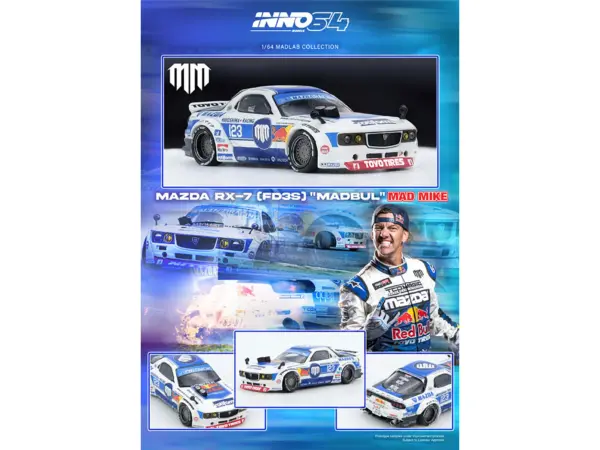 Mazda RX-7 (FD3S) RHD (Right Hand Drive) #123 "Pandem Rocket Bunny MADBUL Gen 7.3" White and Blue with Graphics "MadLab Collection 01" 1/64 Diecast Model Car by Inno Models #4