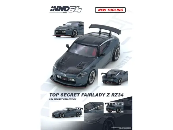 Nissan Fairlady Z "Top Secret" (RZ34) RHD (Right Hand Drive) Stealth Gray with Carbon Hood and Black Top 1/64 Diecast Model Car by Inno Models #4