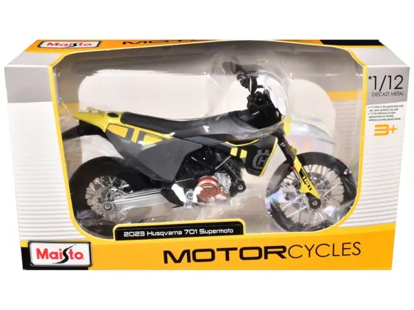 2023 Husqvarna 701 Supermoto Motorcycle Matt Black and Gray with Yellow and White Accents 1/12 Diecast Motorcycle Model by Maisto #1