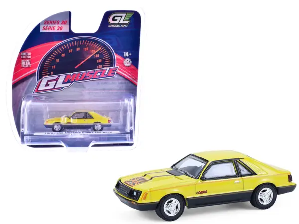 1979 Ford Mustang Cobra Fastback Bright Yellow with Cobra Good Graphics "GreenLight Muscle" Series 30 1/64 Diecast Model Car by Greenlight #1