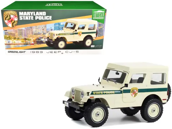 1983 Jeep CJ-5 Hardtop "Maryland State Police" Beige with Green Stripes "Artisan Collection" Series 1/18 Diecast Model Car by Greenlight #1