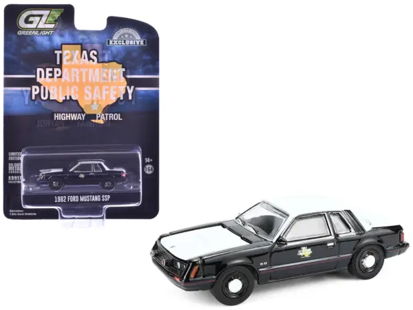 1982 Ford Mustang SSP "Texas Department of Public Safety Highway Patrol" Black with White Hood and Top "Hobby Exclusive" Series 1/64 Diecast Model Car by Greenlight #1