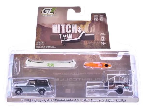 1968 Jeep Jeepster Commando SC-1 Gray with Black Stripes and Top with Canoe Trailer Canoe Rack Canoe and Kayak "Hitch & Tow" Series 32 1/64 Diecast Model Cars by Greenlight #1