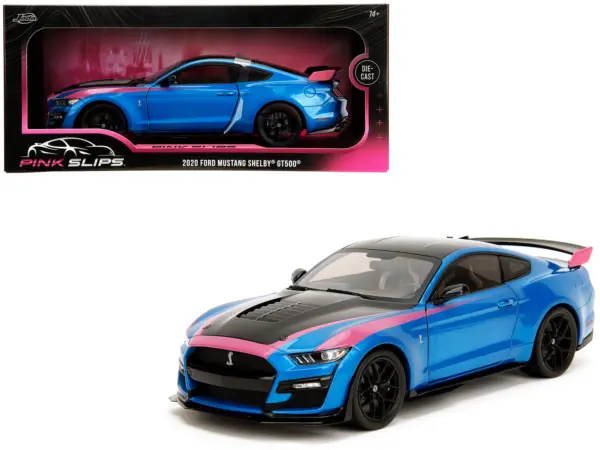 Ford Mustang Shelby GT500 Blue Metallic with Pink Stripes and Black Hood and Top "Pink Slips" Series 1/18 Diecast Model Car by Jada #1