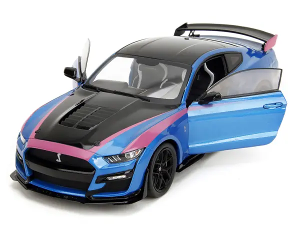 Ford Mustang Shelby GT500 Blue Metallic with Pink Stripes and Black Hood and Top "Pink Slips" Series 1/18 Diecast Model Car by Jada #2