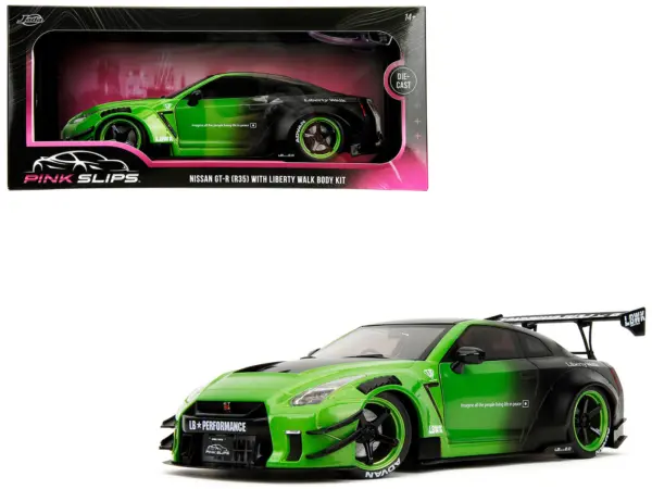 Nissan GT-R (R35) Liberty Walk Body Kit 2.0 RHD (Right Hand Drive) Green and Matt Black "Pink Slips" Series 1/18 Diecast Model Car by Jada #1