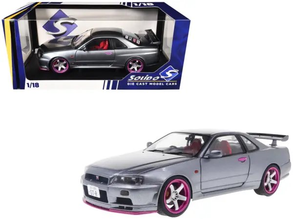 1999 Nissan Skyline GT-R (R34) RHD (Right Hand Drive) Silver Metallic with Purple Wheels 1/18 Diecast Model Car by Solido #1
