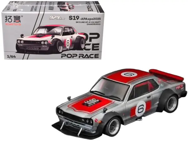 Skyline GT-R V8 Drift "Hakosuka" RHD (Right Hand Drive) #6 Silver Metallic with Red Stripes "APA XPO 2025 Exclusive" 1/64 Diecast Model Car by Pop Race #1