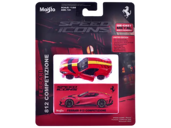Ferrari 812 Competizione Red with Yellow Stripe "Speed Icons" Series 1/64 Diecast Model Car by Maisto #3