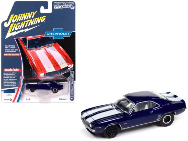 1969 Chevrolet Camaro Z28 Blue Metallic with White Stripes and Interior "Muscle Cars USA" Series 1/64 Diecast Model Car by Johnny Lightning #1