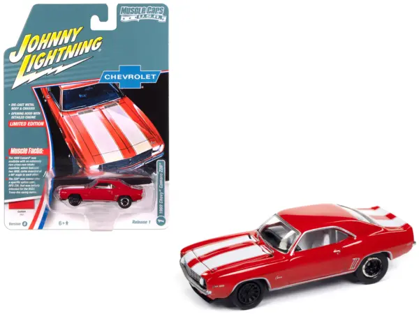 1969 Chevrolet Camaro Z28 Red with White Stripes and Interior "Muscle Cars USA" Series 1/64 Diecast Model Car by Johnny Lightning #1