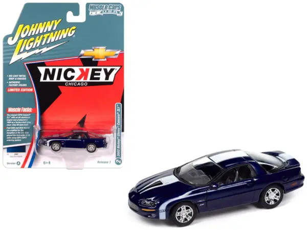 2002 Chevrolet Nickey Camaro ZL1 Navy Blue Metallic with White Stripes "Muscle Cars USA" Series 1/64 Diecast Model Car by Johnny Lightning #1