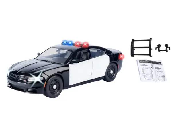2023 Dodge Charger Pursuit Police Car Black and White with Flashing Light Bar Front and Rear Lights and 2 Sounds "Builder's Kit" 1/24 Diecast Model Car by Motormax #3
