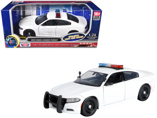 2023 Dodge Charger Pursuit Police Car Unmarked White with Flashing Light Bar Front and Rear Lights and 2 Sounds "Builder's Kit" 1/24 Diecast Model Car by Motormax #1
