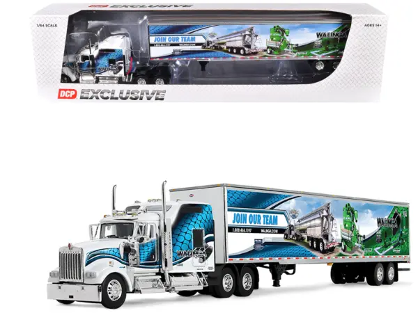 Kenworth W900L with 86" Studio Sleeper and 53' Utility Trailer with Skirts "Walinga" White with Blue Graphics 1/64 Diecast Model by DCP/First Gear #1