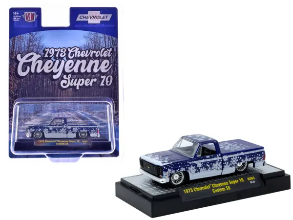 1973 Chevrolet Cheyenne Super 10 Pickup Truck "Merry Christmas - Happy New Year" Blue Metallic with White Snow Graphics Limited Edition to 10428 pieces Worldwide 1/64 Diecast Model Car by M2 Machines #1