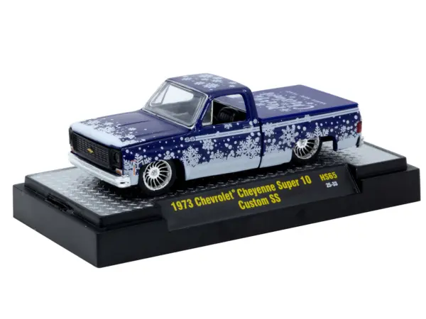 1973 Chevrolet Cheyenne Super 10 Pickup Truck "Merry Christmas - Happy New Year" Blue Metallic with White Snow Graphics Limited Edition to 10428 pieces Worldwide 1/64 Diecast Model Car by M2 Machines #2