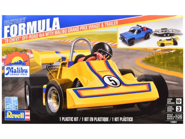 Level 3 Model Kit 1978 Chevrolet Off-Road 4x4 Pickup Truck and "Malibu Grand Prix" Virage with Trailer "Fantasy Formula" 1/25 Scale Model by Revell #1