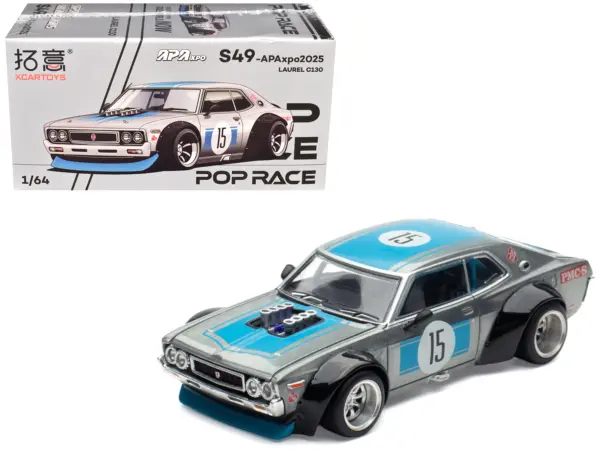 Datsun Laurel C130 RHD (Right Hand Drive) #15 Raw Metal with Blue Stripes "APA XPO 2025 Exclusive" 1/64 Diecast Model Car by Pop Race #1