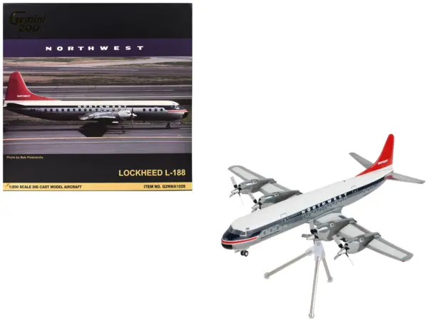 Lockheed L-188 Electra Commercial Aircraft "Northwest Orient" (N128US) White and Gray with Blue Stripes and Red Tail "Gemini 200" Series 1/200 Diecast Model Airplane by GeminiJets #1