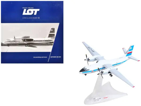 Antonov AN-24V Commercial Aircraft "LOT Polish Airlines" (SP-LTP) White with Blue Stripes and Tail 1/200 Diecast Model by Herpa #1