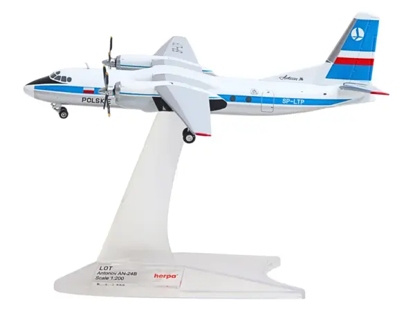 Antonov AN-24V Commercial Aircraft "LOT Polish Airlines" (SP-LTP) White with Blue Stripes and Tail 1/200 Diecast Model by Herpa #2