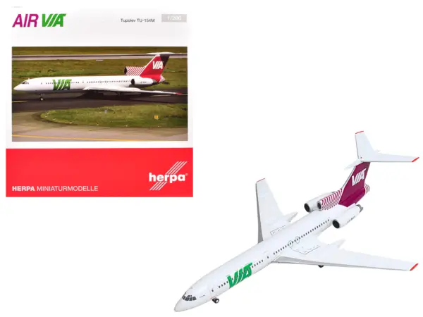 Tupolev TU-154M Commercial Aircraft "Air Via" (LZ-MIG) White with Red Tail 1/200 Diecast Model by Herpa #1