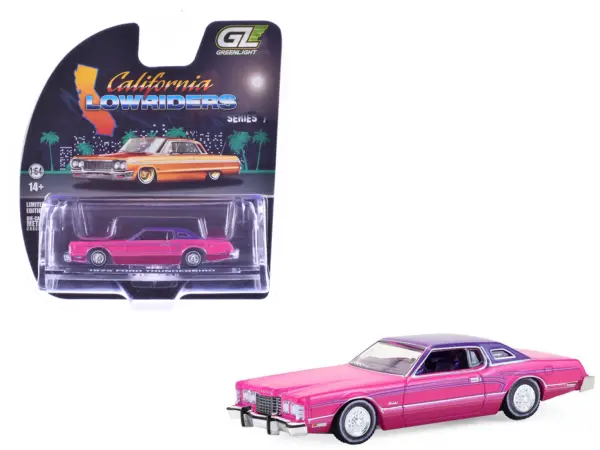 1975 Ford Thunderbird Lowrider Pink Metallic with Purple Top and Graphics with Purple Interior "California Lowriders" Series 7 1/64 Diecast Model Car by Greenlight #1