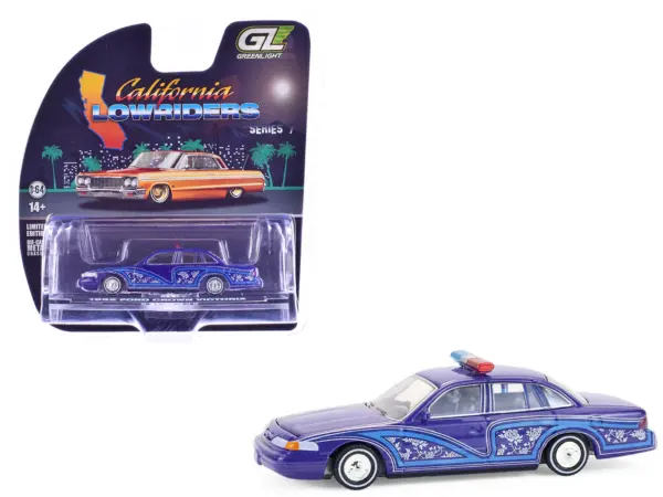 1992 Ford Crown Victoria Lowrider Blue with Graphics and Lightbar "California Lowriders" Series 7 1/64 Diecast Model Car by Greenlight #1