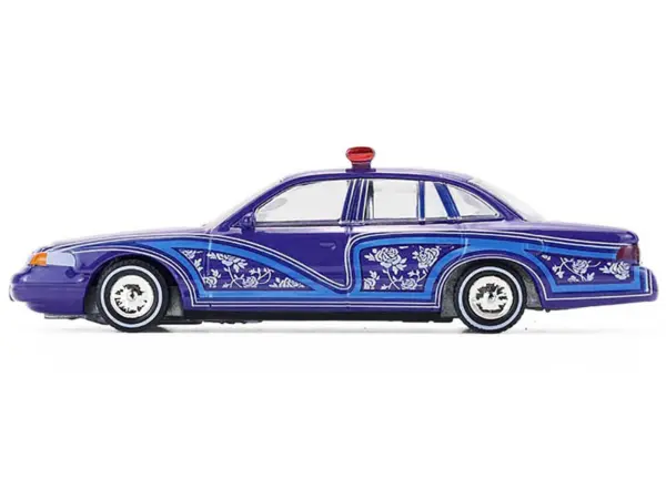 1992 Ford Crown Victoria Lowrider Blue with Graphics and Lightbar "California Lowriders" Series 7 1/64 Diecast Model Car by Greenlight #3