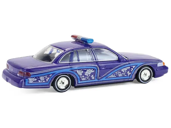 1992 Ford Crown Victoria Lowrider Blue with Graphics and Lightbar "California Lowriders" Series 7 1/64 Diecast Model Car by Greenlight #4