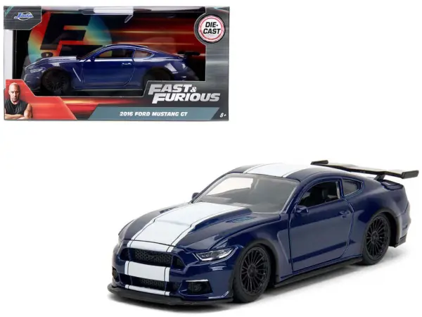 2016 Ford Mustang GT Dark Blue Metallic with White Stripe "F9" (2021) Movie "Fast & Furious" Series 1/32 Diecast Model Car by Jada #1