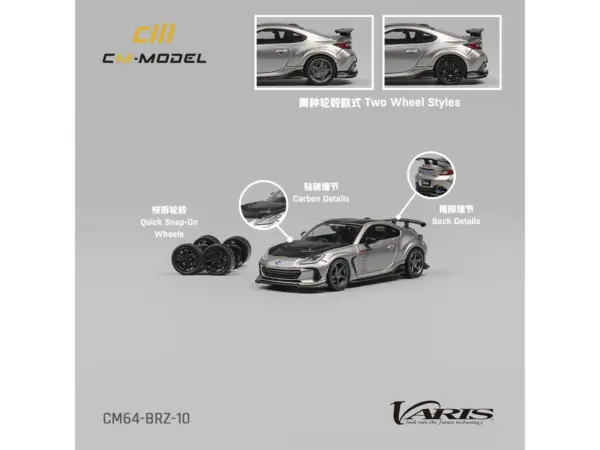 Subaru BRZ Varis Arising-1 RHD (Right Hand Drive) Gray Metallic with Carbon Hood and Top and Extra Wheels 1/64 Diecast Model Car by CM Model #4
